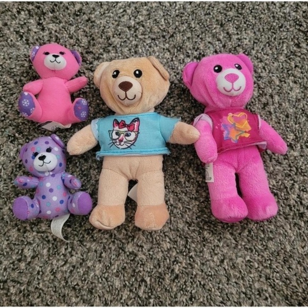 Lot of 4 Build-A-Bear Mini Plush Teddy Bears - Pink, Tan, Purple Polka Dot